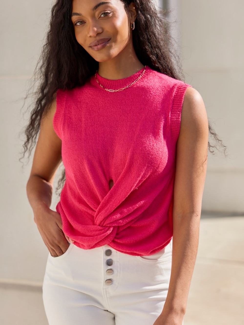 Anthropologie Sunday in Brooklyn, Twist-Front Top - Fuchsia Pink/Raspberry
